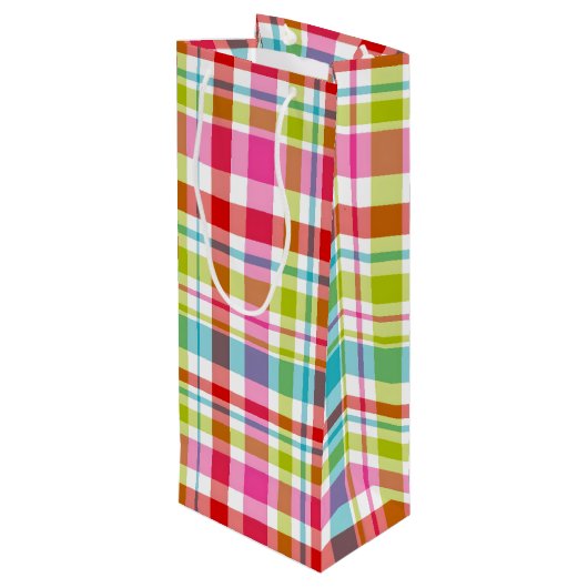 Bright Rainbow Plaid Checkered Pattern Geschenktüte Für Weinflaschen (Rückseite Schrägansicht)