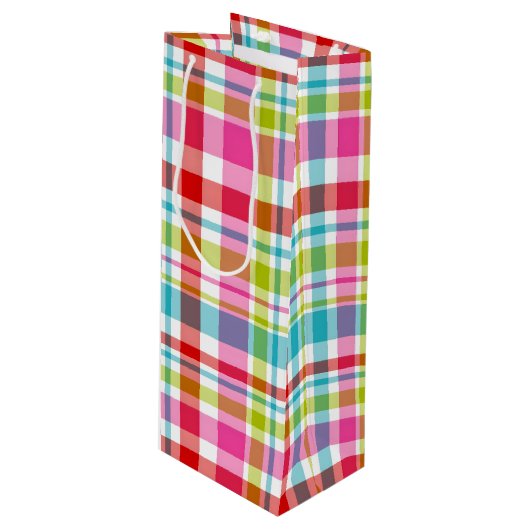 Bright Rainbow Plaid Checkered Pattern Geschenktüte Für Weinflaschen (Vorderseite Schrägansicht)