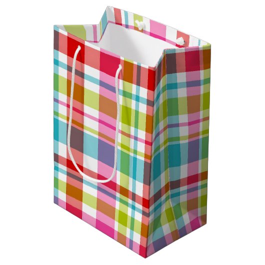Bright Rainbow Plaid Checkered Pattern Mittlere Geschenktüte (Vorderseite Schrägansicht)