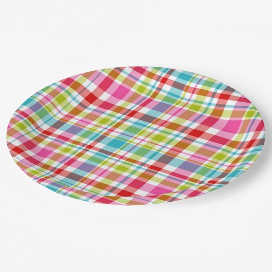 Bright Rainbow Plaid Checkered Pattern Pappteller (Schrägansicht)