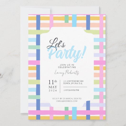 Bright Rainbow Plaid Invite - Colourful Pastel Einladung (Vorderseite)