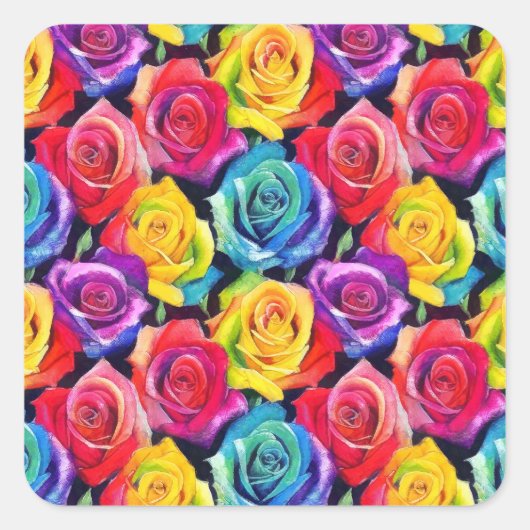 Bright rainbow roses, watercolor illustration quadratischer aufkleber (Vorderseite)