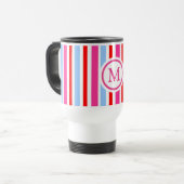 Bright Red and Blue Candy Stripes Monogram Reisebecher (Vorderseite Links)