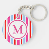 Bright Red and Blue Candy Stripes Monogram Schlüsselanhänger (Rückseite)