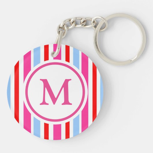 Bright Red and Blue Candy Stripes Monogram Schlüsselanhänger (Rückseite)