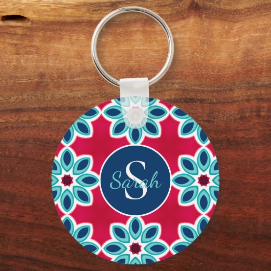 Bright Red and Blue Modern Geometric Personalised Schlüsselanhänger (Vorderseite)