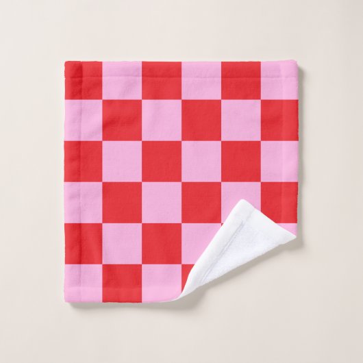 Bright Red and Light Pink Checkered Badhandtuch Set (Waschlappen)