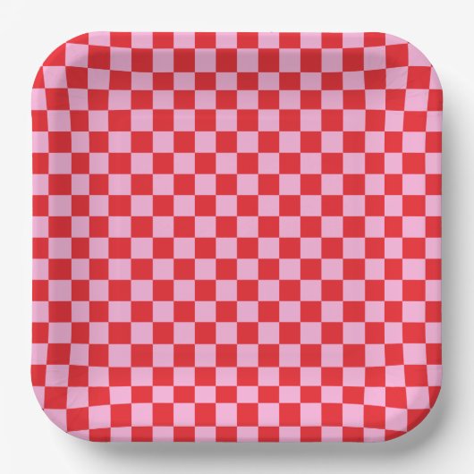 Bright Red and Light Pink Checkered Pappteller (Vorderseite)