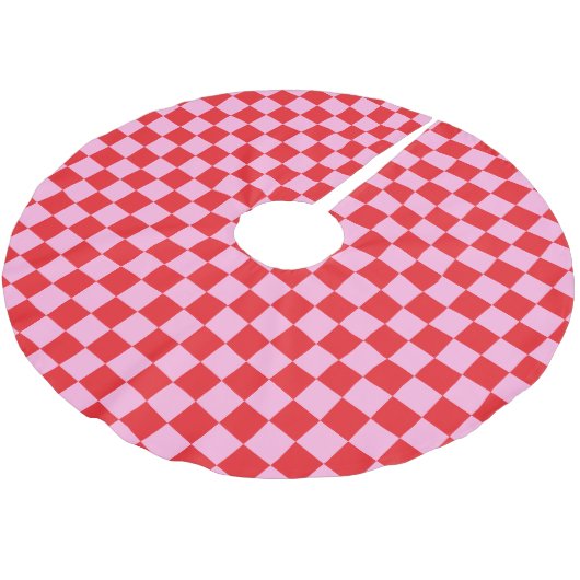 Bright Red and Light Pink Checkered Polyester Weihnachtsbaumdecke (Schrägansicht)