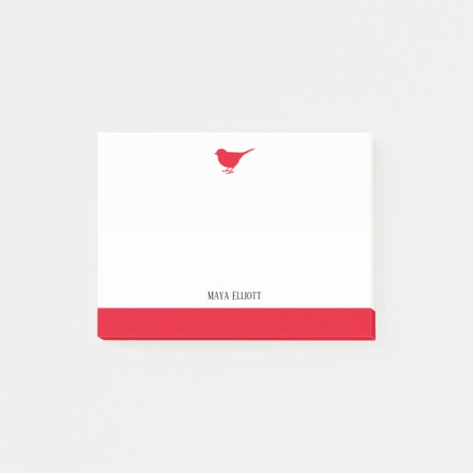 Bright Red Bird & Border on White mit Name Post-it Klebezettel (Vorderseite)