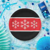 Bright Red Black White Stripes Alpine Snowflakes Pappteller (Party)