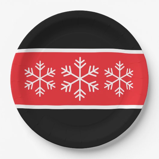 Bright Red Black White Stripes Alpine Snowflakes Pappteller (Vorderseite)