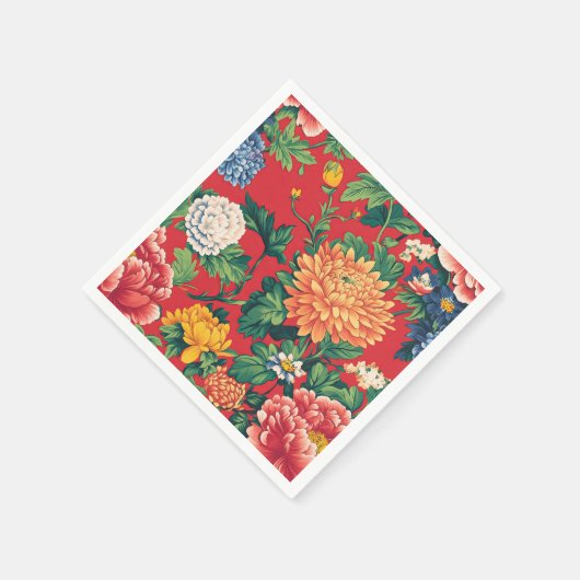 Bright Red Chinoiserie Floral Serviette (Ecke)