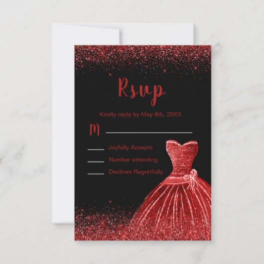 Bright Red Dress Faux Glitter Sweet 16 RSVP Karte (Vorderseite)