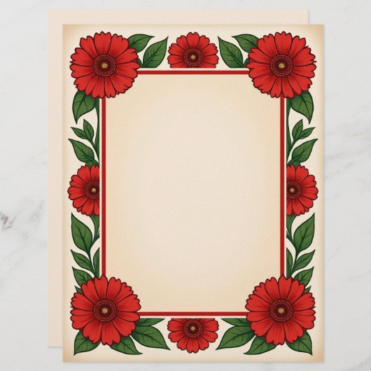 Bright Red Flowers & Frame Stationery Paper Briefbogen (Vorne/Hinten)