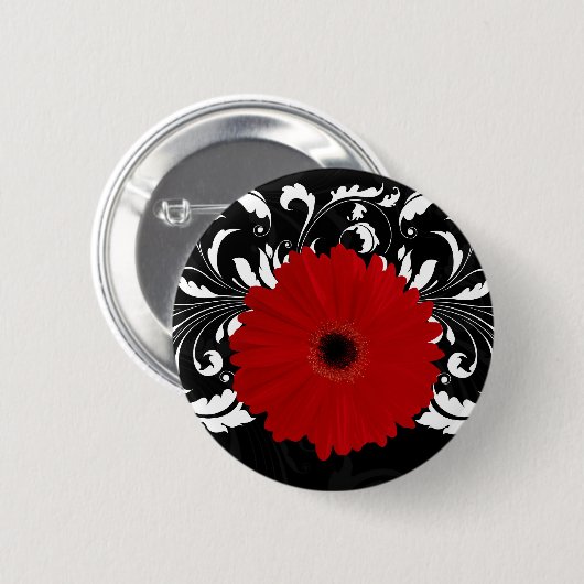Bright Red Gerbera Daisy auf Black Button (Vorne & Hinten)