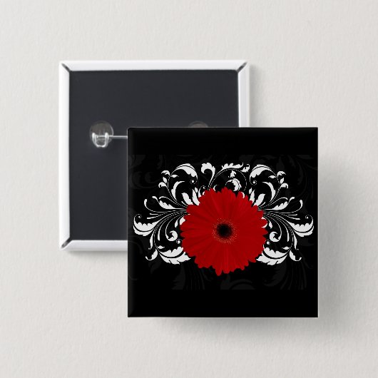 Bright Red Gerbera Daisy auf Black Button (Vorne & Hinten)