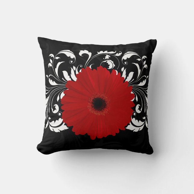 Bright Red Gerbera Daisy auf Black Kissen (Vorderseite)