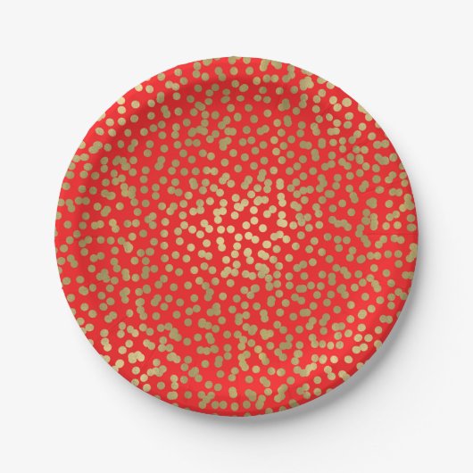 Bright Red & Gold Dots Confetti Elegantes Glam Pappteller (Vorderseite)