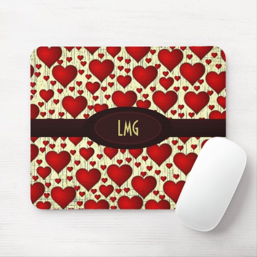 Bright Red Hearts Pattern with Burgundy Nameplate Mousepad (Mit Mouse)