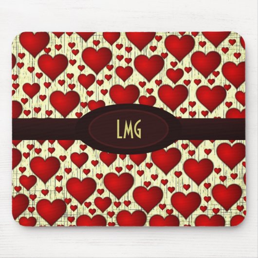 Bright Red Hearts Pattern with Burgundy Nameplate Mousepad (Vorne)