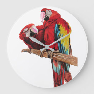 Bright Red Macaw Parrots Watercolor Art Wall Clock Große Wanduhr
