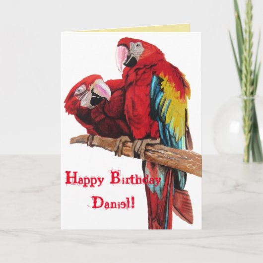 Bright Red Macaw Parrots Watercolor Geburtstagskar Karte (Vorderseite)