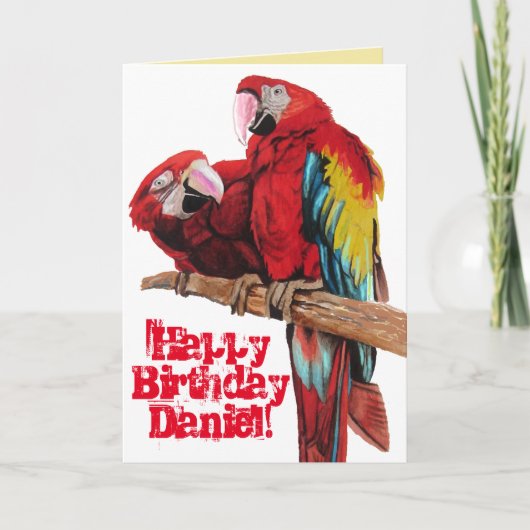 Bright Red Macaw Parrots Watercolor Geburtstagskar Karte (Vorderseite)