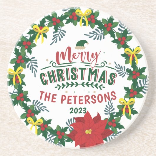 Bright Red Poinsettia Weihnachtskranz Getränkeuntersetzer (Vorne)