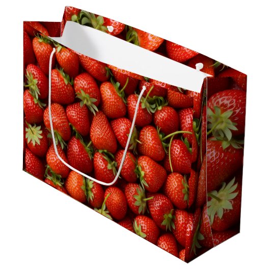 Bright Red Summer Strawberry Harvest Pattern Große Geschenktüte (Vorderseite Schrägansicht)