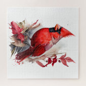 Bright Red Watercolor Winter Kardinal Bird Puzzle (Horizontal)