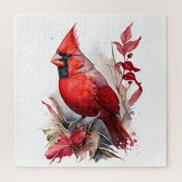 Bright Red Watercolor Winter Kardinal Bird Puzzle