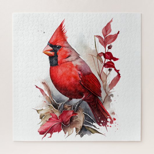 Bright Red Watercolor Winter Kardinal Bird Puzzle (Vertikal)