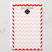 Bright Red White Chevron Black Quatrefoil Monogram Briefpapier (Vorne/Hinten)