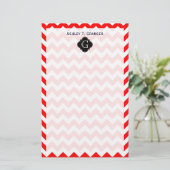 Bright Red White Chevron Black Quatrefoil Monogram Briefpapier (Stehend Vorderseite)