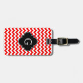 Bright Red White Chevron Black Quatrefoil Monogram Gepäckanhänger (Vorderseite horizontal)