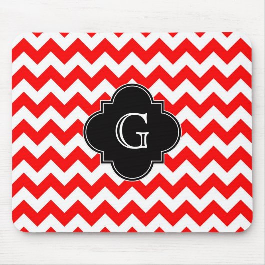 Bright Red White Chevron Black Quatrefoil Monogram Mousepad (Vorne)
