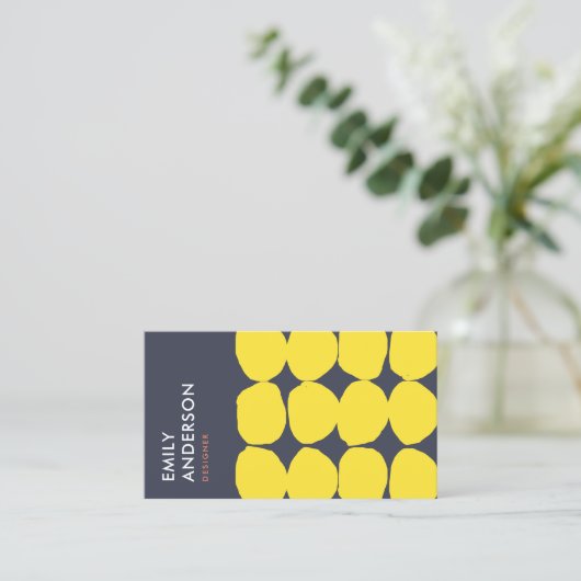 BRIGHT RETRO BIG HAND DRAWN YELLOW NAVY POLKA DOTS VISITENKARTE (Stehend Vorderseite)