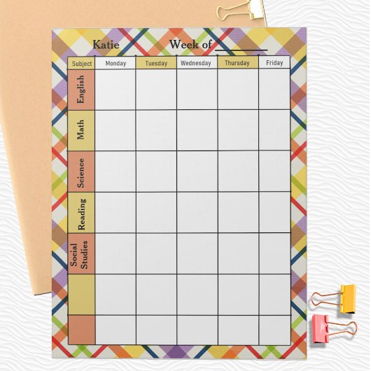 Bright School Plaid Homework Assignment Notizblock