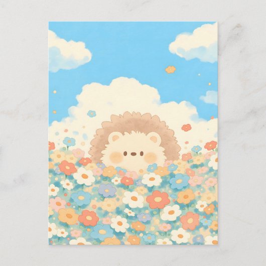 Bright Sky Blue Kawaii Hedgehog Meadow Postkarte (Vorderseite)