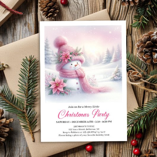 Bright Snowy Forest Pink Snowman Christmas Invite Einladung