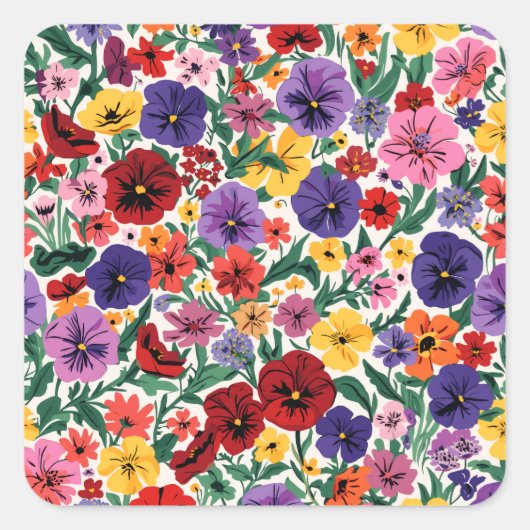 Bright Spring Pansies Floral Garden Pattern Quadratischer Aufkleber (Vorderseite)