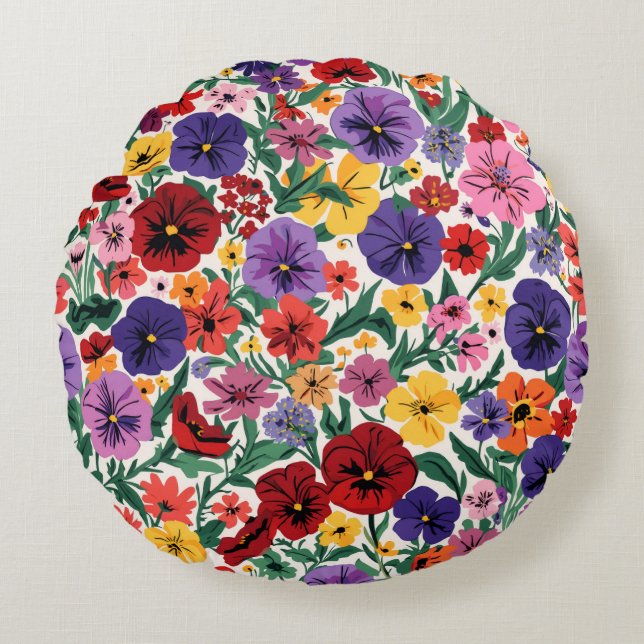 Bright Spring Pansies Floral Garden Pattern Rundes Kissen (Vorderseite)