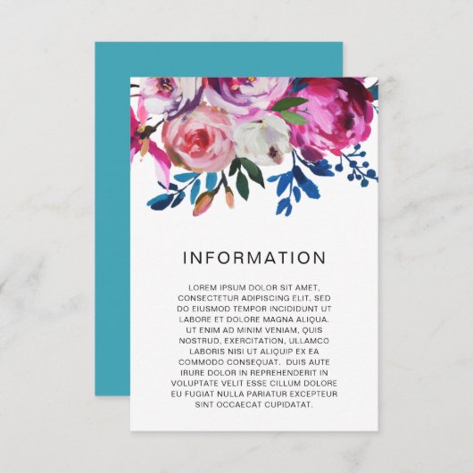 Bright Teal Pink Floral Modern Wedding Begleitkarte (Vorne/Hinten)