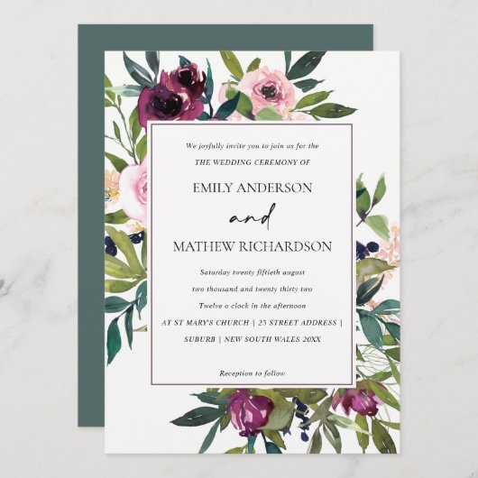 BRIGHT WHITE BLUSH BURGUNDY BLUMBLORAL BUNCH WEDIN EINLADUNG (Vorne/Hinten)