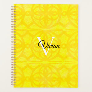 Bright Yellow Batik Elegante Monogram Name Planner Planer