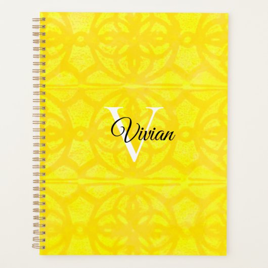 Bright Yellow Batik Elegante Monogram Name Planner Planer (Vorderseite)
