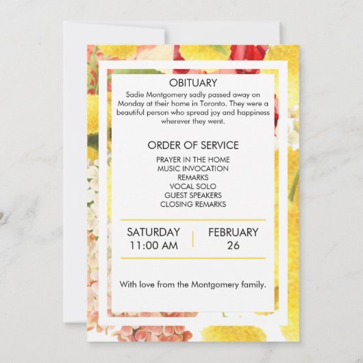 Bright Yellow Colorful Beerdigung Programm (Rückseite)