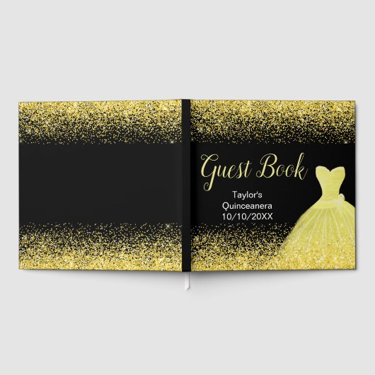 Bright Yellow Dress Faux Glitter Quinceanera Gästebuch (Voll)