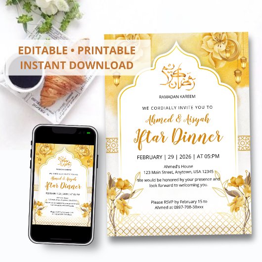 Bright Yellow Floral & Gold Arch Ramadan Iftar Inv Einladung